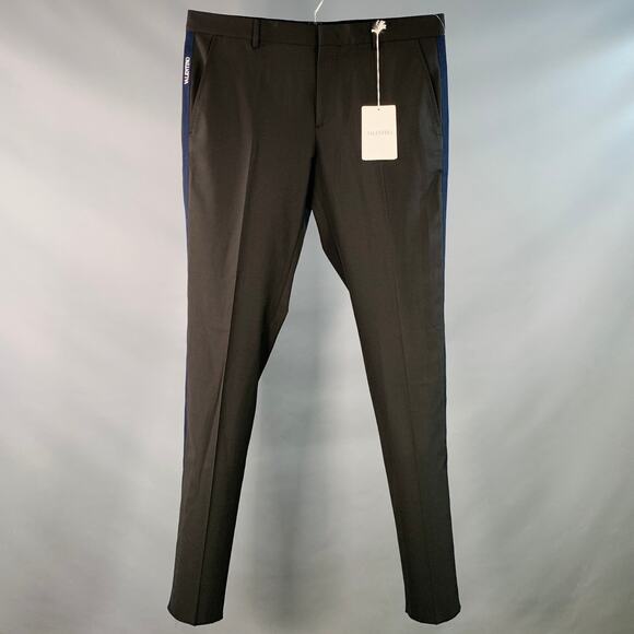 VALENTINO Size 34 Black Navy Polyester Virgin Wool Flat Front Dress Pants - Picture 1 of 9